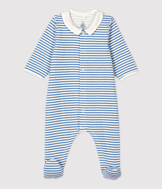 Babies' Blue Stripy Organic Cotton Sleepsuit with Collar white/blue